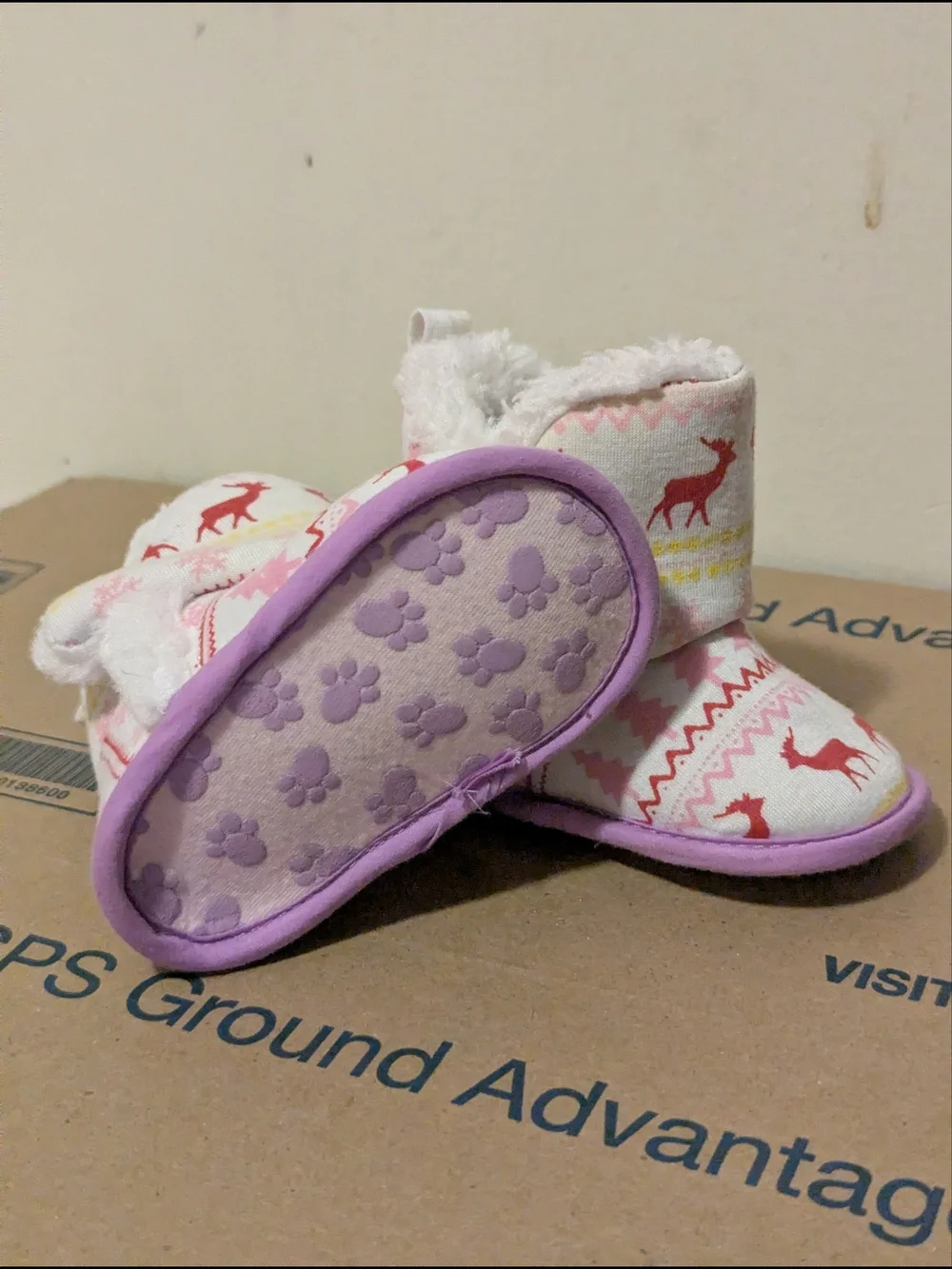 Baby Pink Reindeer Winter Fleece Booties Soft Sole Slippers Estimated Size 0-6M